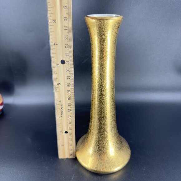 Wheeling Decorating Co Gold Porcelain Vase Floral Textured Pattern Vessel VTG - Picture 2 of 11
